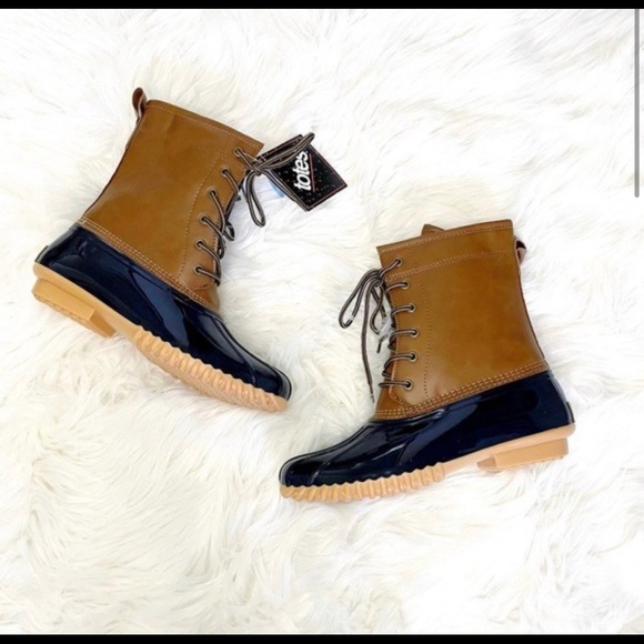 Totes waterproof boots rain boots snow winter lace up navy tan duck - Picture 3 of 6
